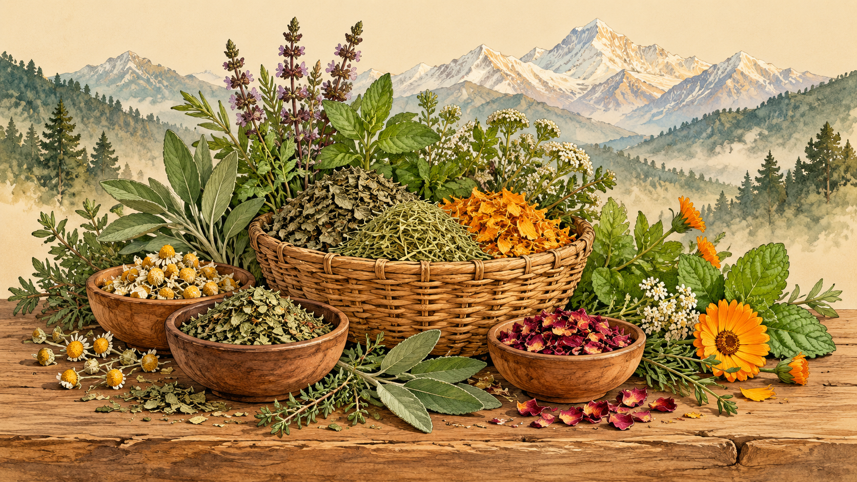 Illustration of Himalayan herbs and botanicals