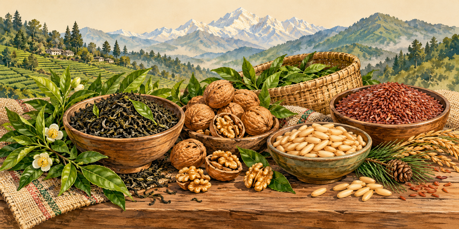 Illustration of Kangra tea, walnuts, pine nuts and red rice